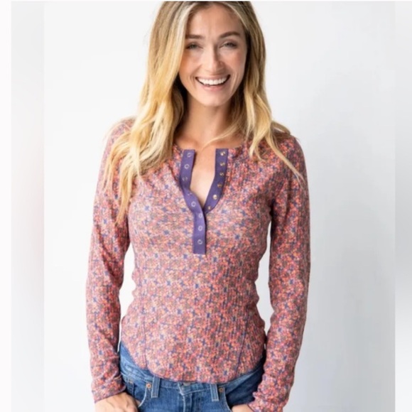 Natural Life Reagan Thermal Henley Long Sleeve Shirt Top XS Pink Floral Boho - Picture 1 of 7